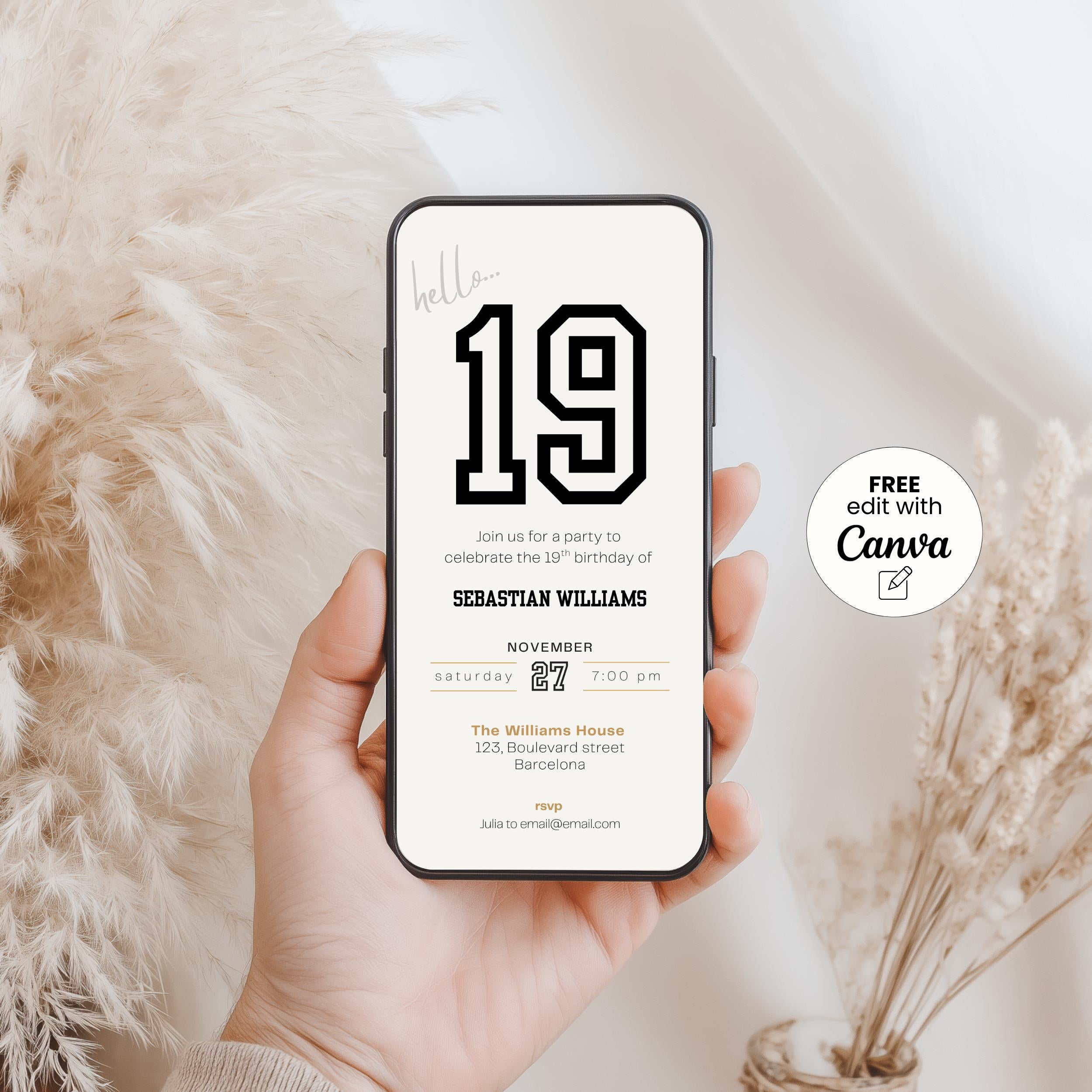 Hand holding a smartphone with a 19th birthday invitation on the screen, set against a soft beige background.