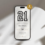 Phone with 21st birthday invitation on a white surface