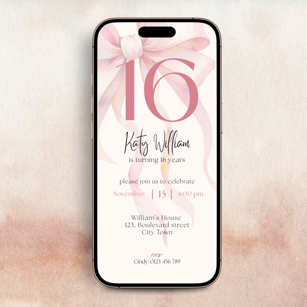 Pink bow sweet 16th birthday invitation template for girls