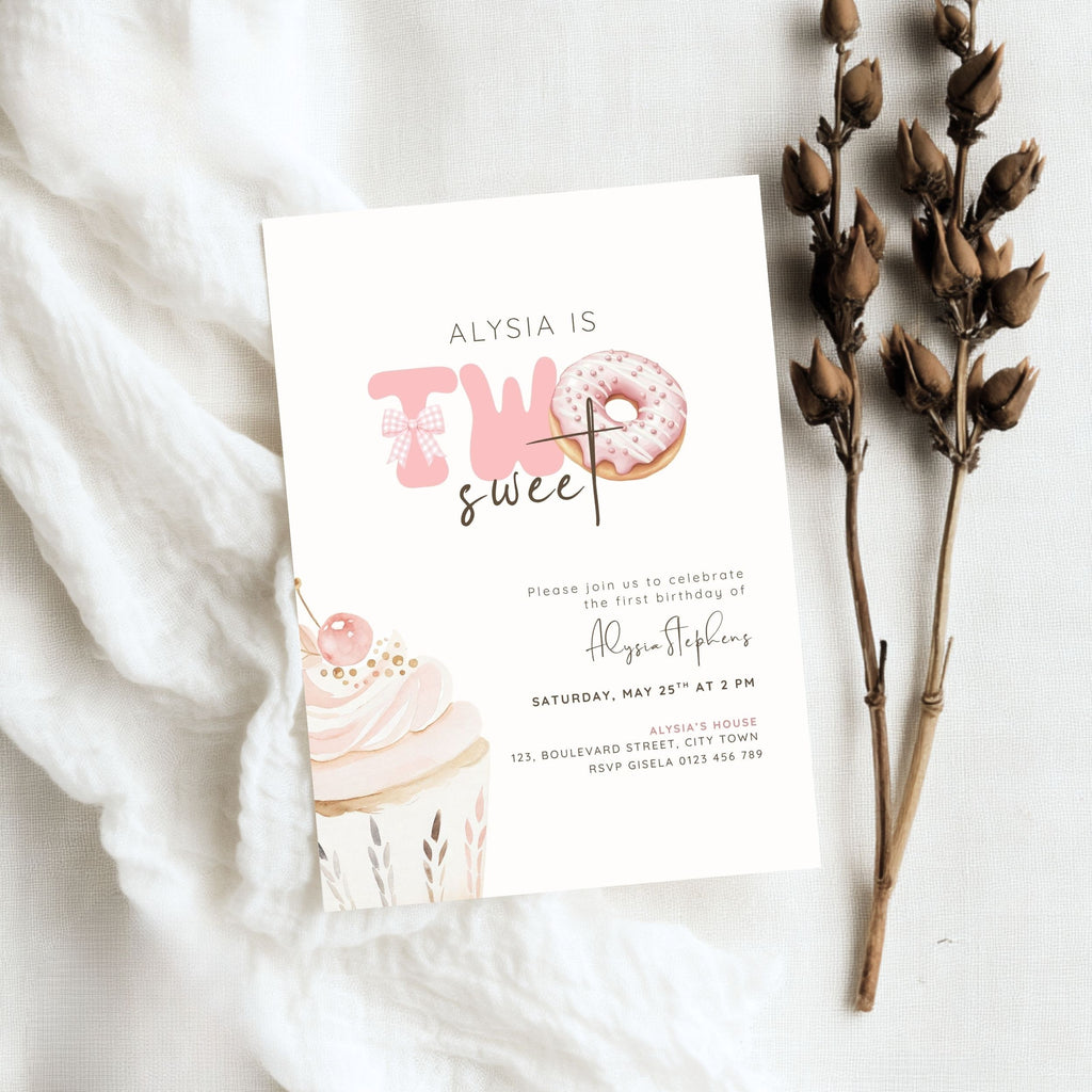 Pink Two Sweet 2nd Birthday Invitation Template Girls