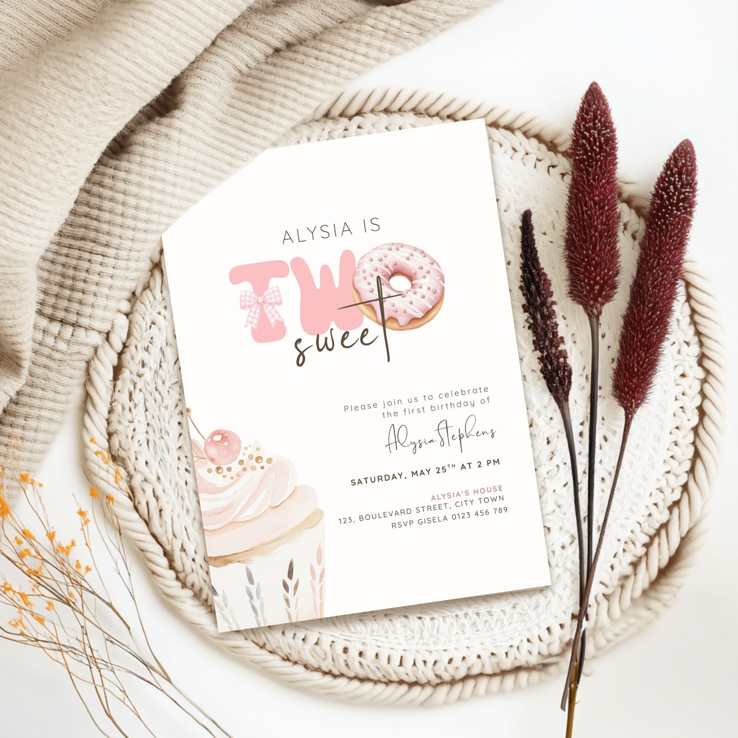 Pink Two Sweet 2nd Birthday Invitation Template Girls