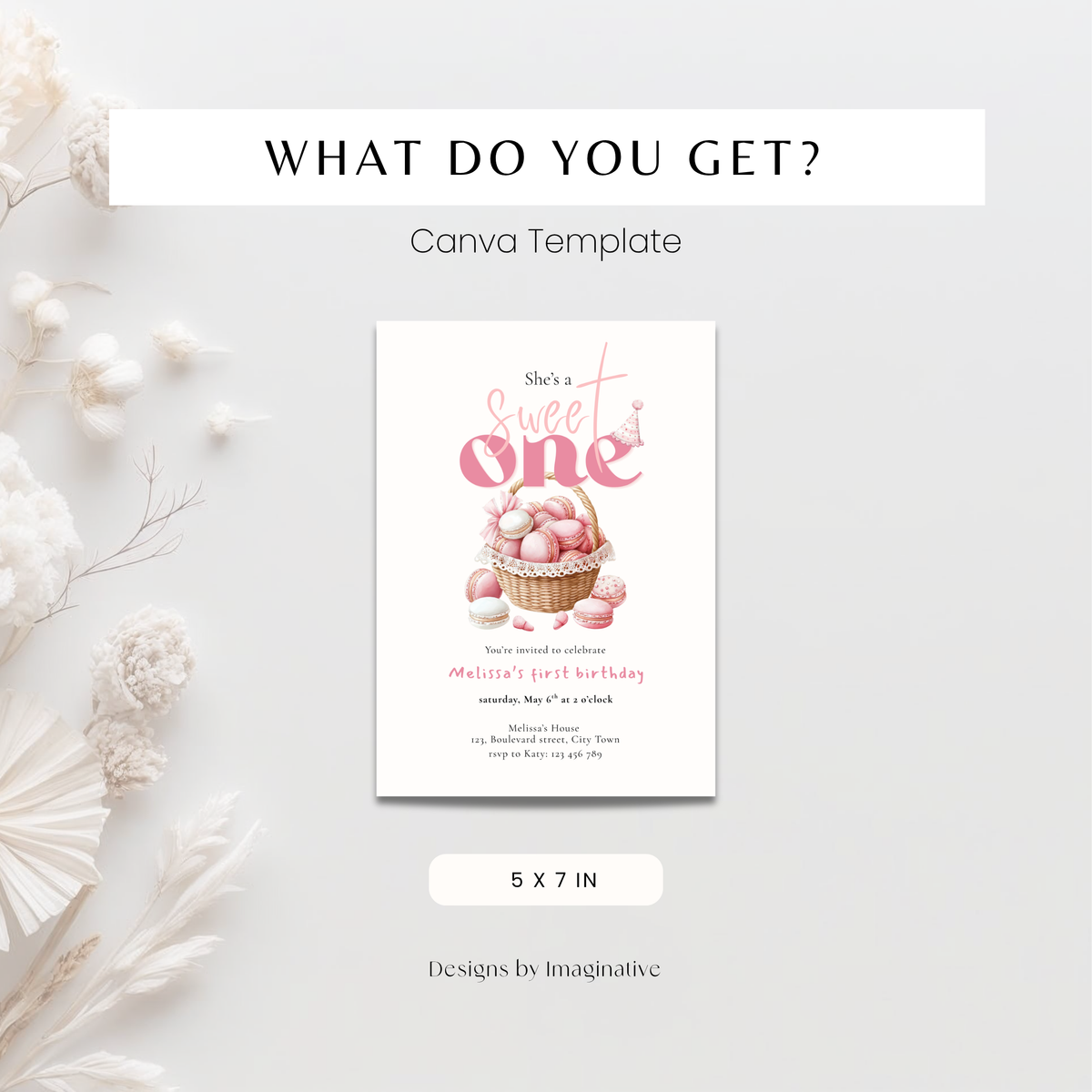 1st birthday invitation mockup, sweet one theme for girls