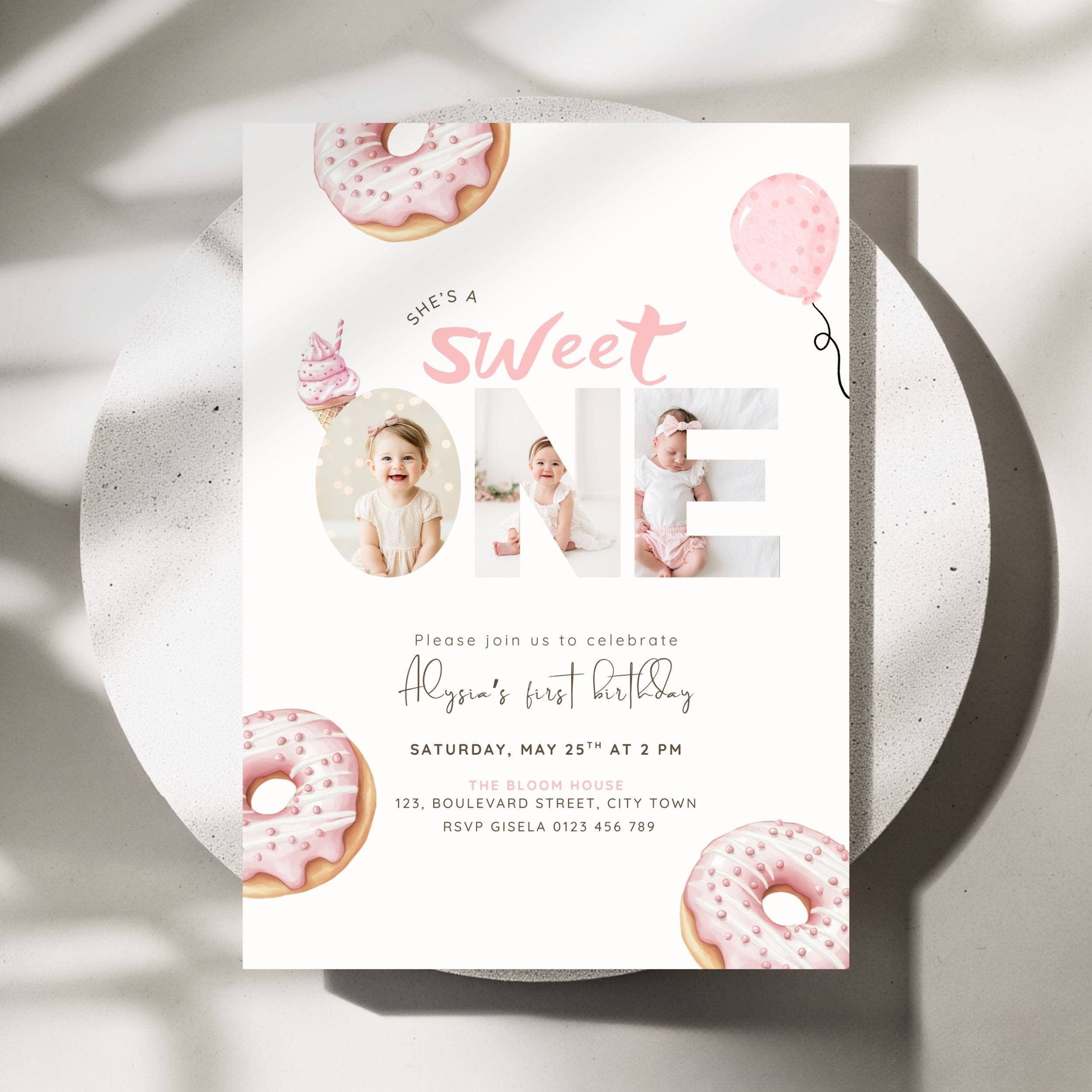 Pink Sweet One Birthday Photo Invitation Girls