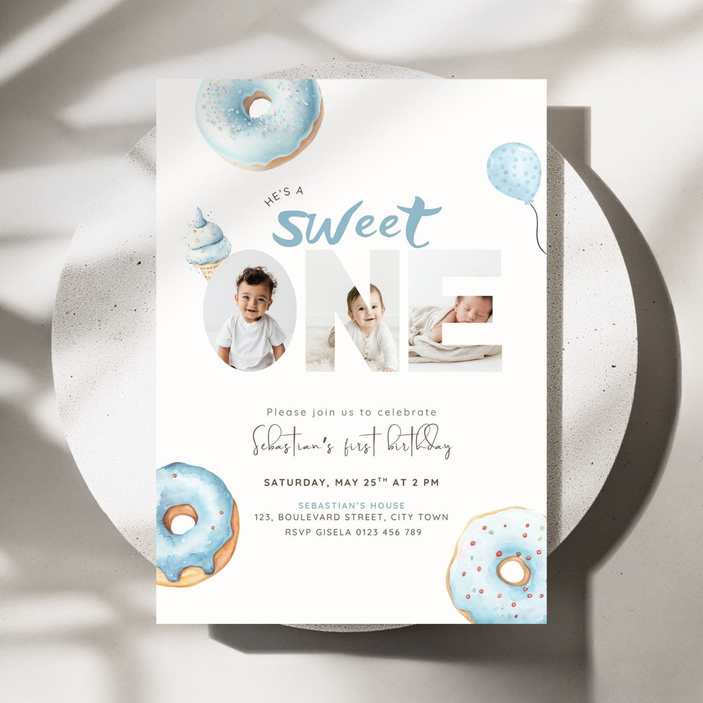 Blue Sweet One Birthday Photo Invitation Boys