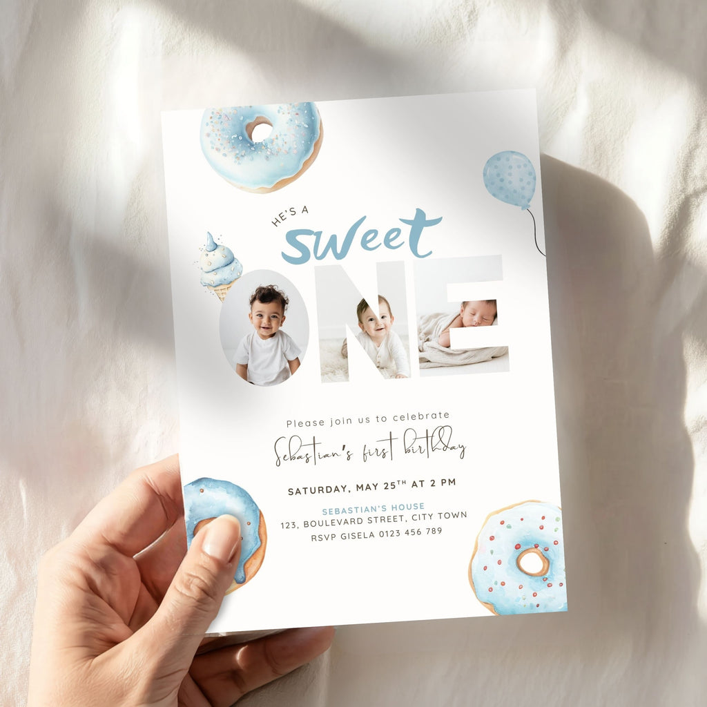 Blue Sweet One Birthday Photo Invitation Boys