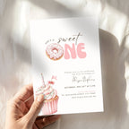 1st birthday invitation template preview, editable in Canva, donut theme