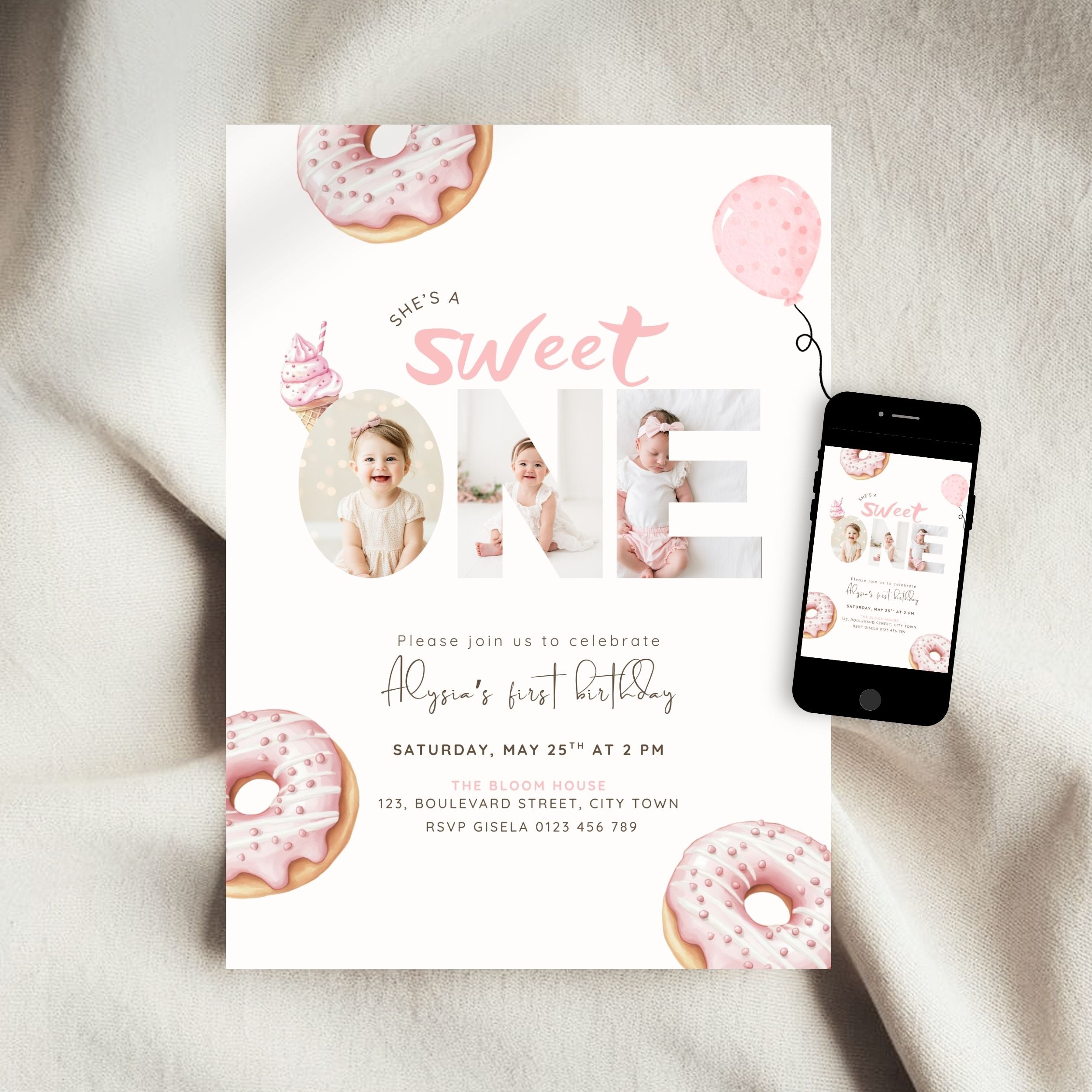 Pink Sweet One Birthday Photo Invitation Girls