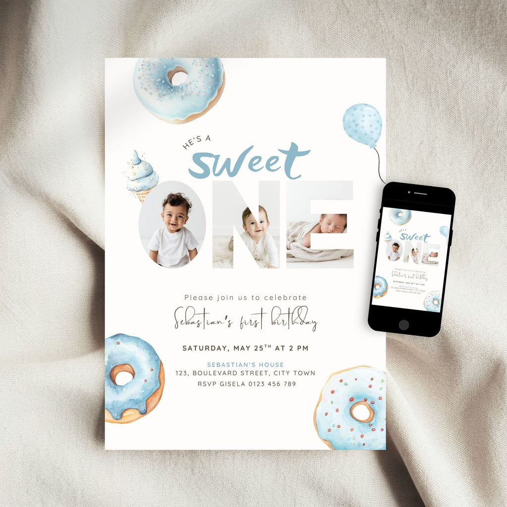 Blue Sweet One Birthday Photo Invitation Boys