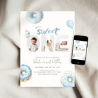 Blue Sweet One Birthday Photo Invitation Boys