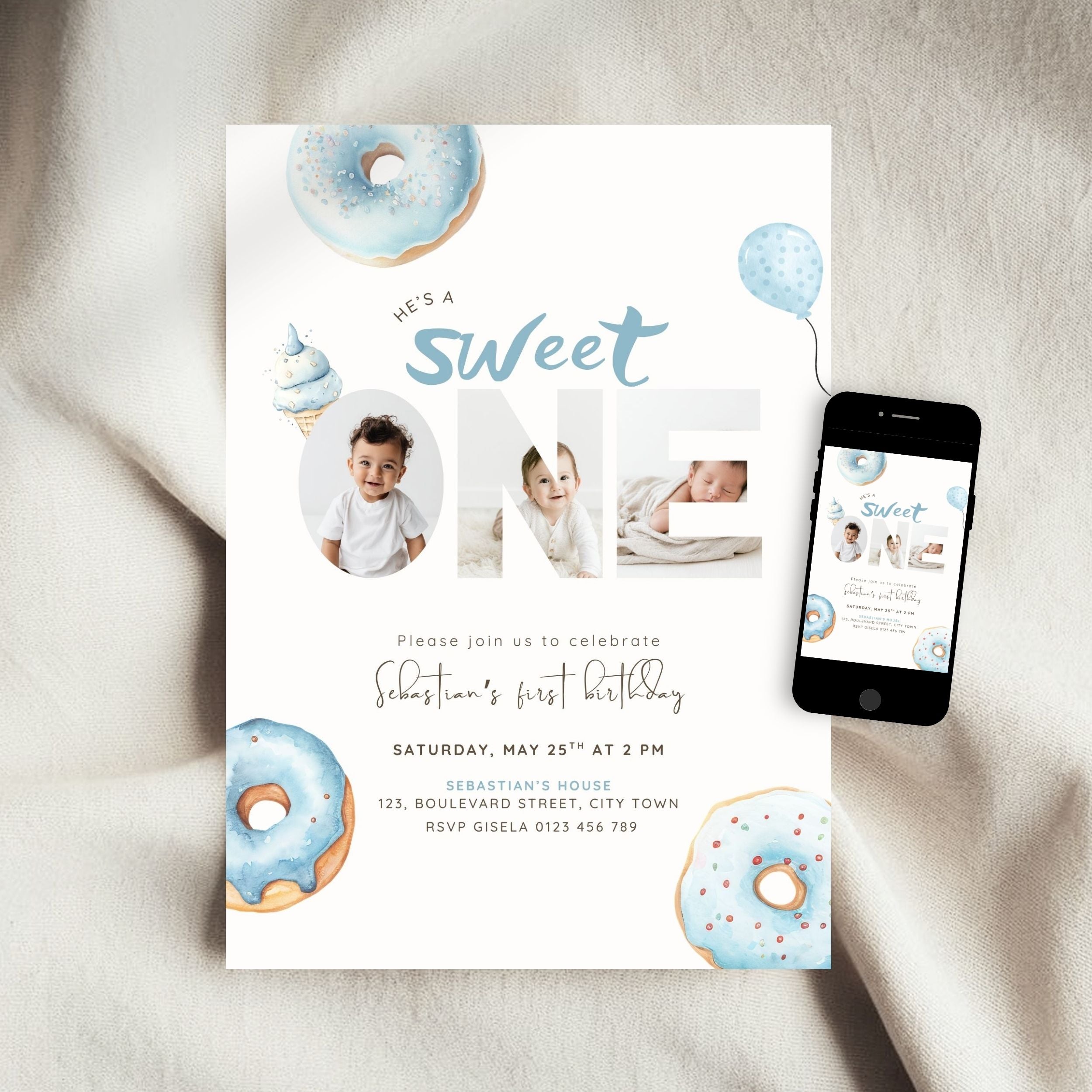 Blue Sweet One Birthday Photo Invitation Boys