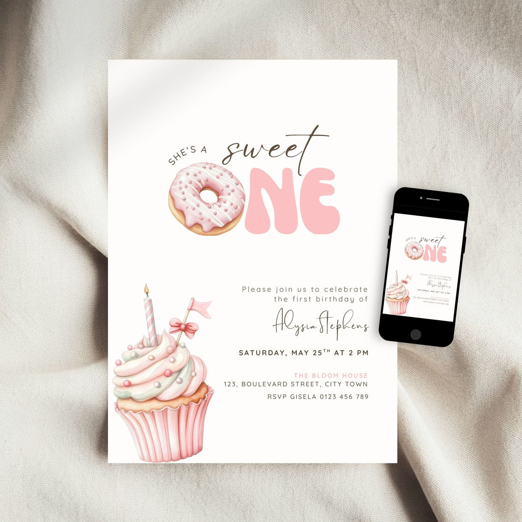 Pink sweet one 1st birthday invite shown on smartphone screen