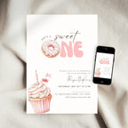 Pink sweet one 1st birthday invite shown on smartphone screen
