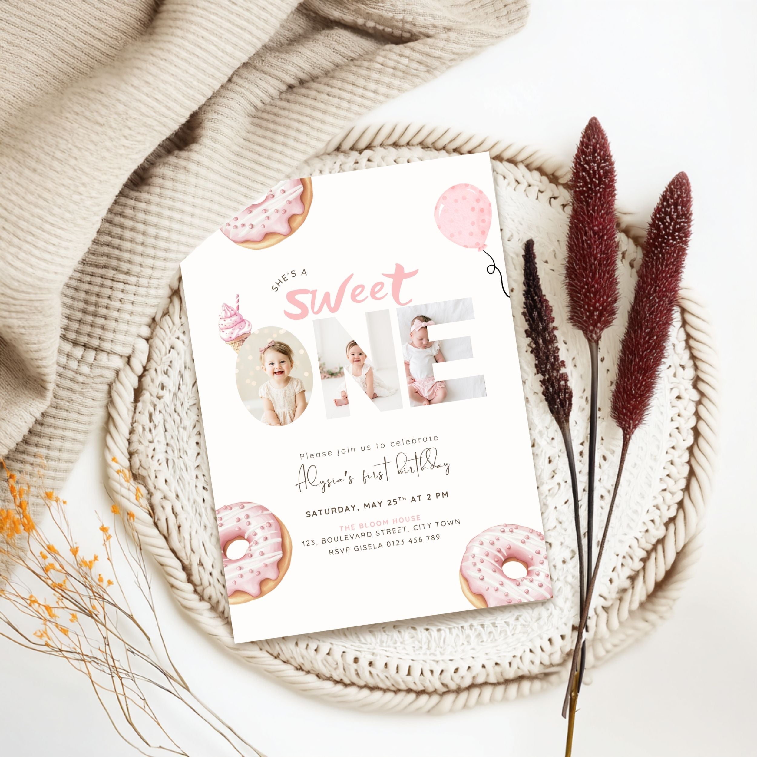 Pink Sweet One Birthday Photo Invitation Girls