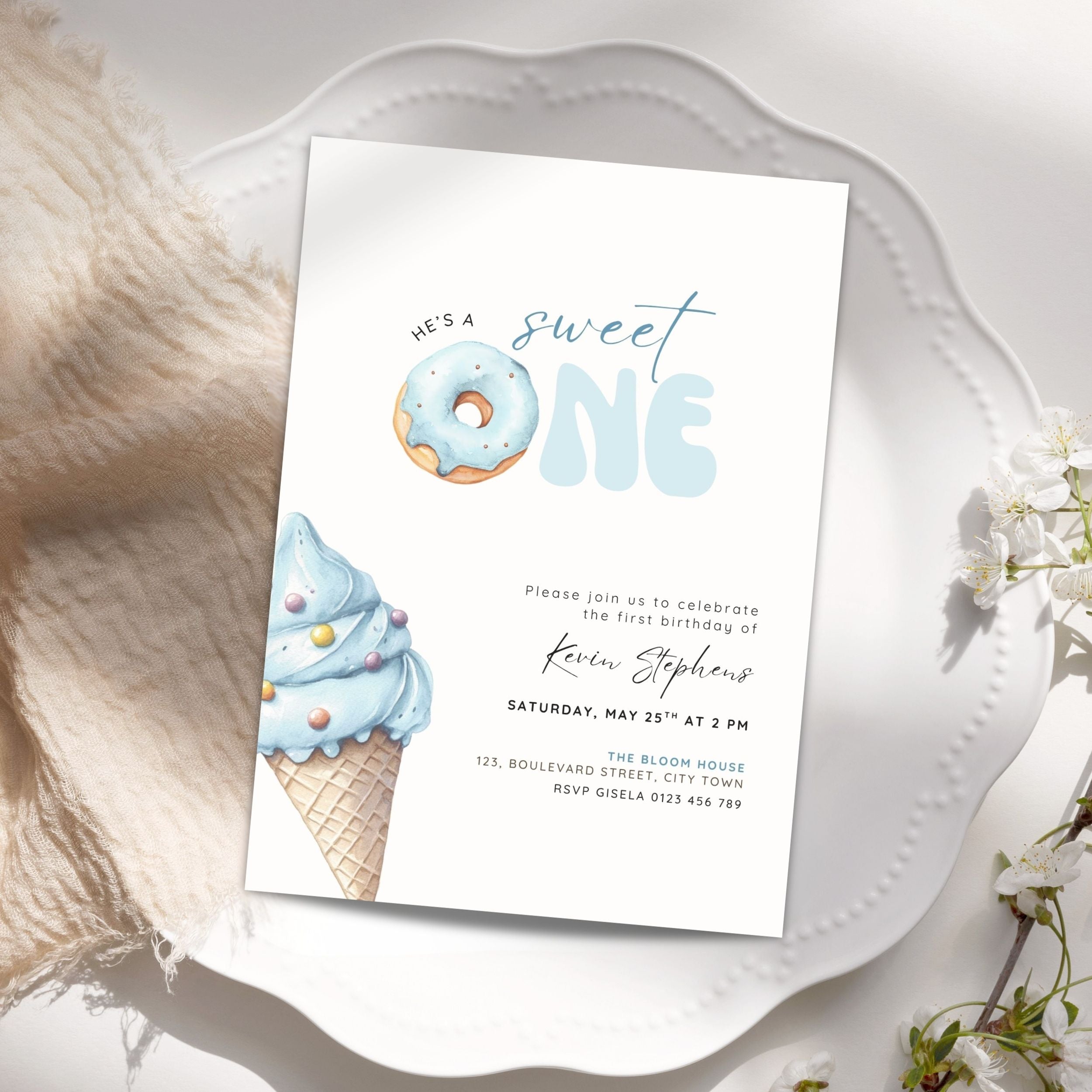 Blue Sweet One Birthday Invitation Template Boys