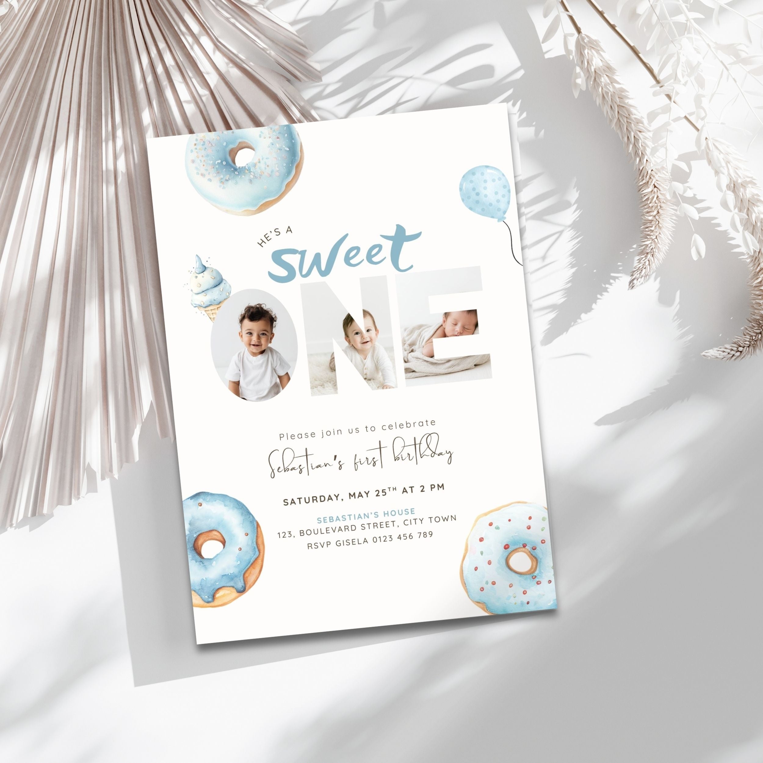 Blue Sweet One Birthday Photo Invitation Boys