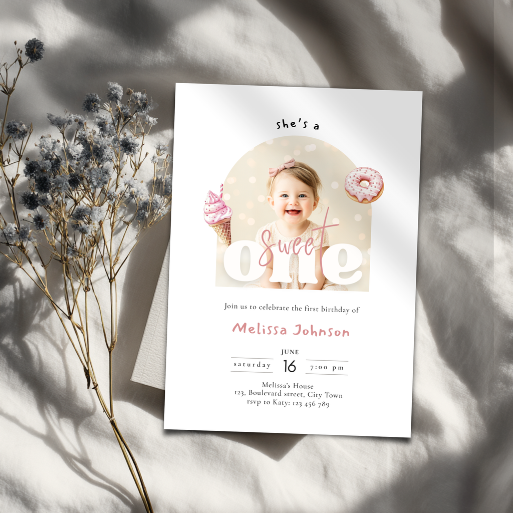 Girls Sweet One Birthday Invitation Photo