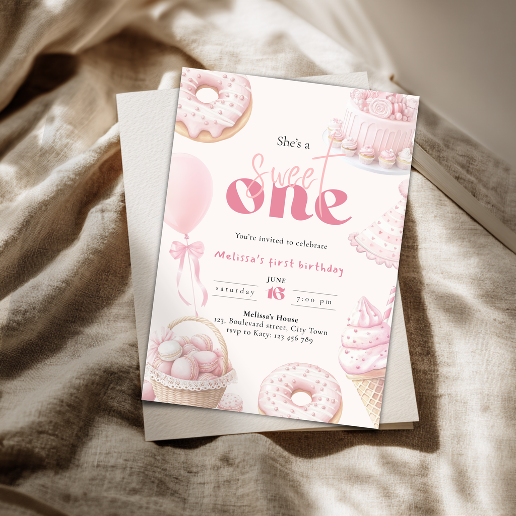 Pink She's a Sweet One Birthday Invitation Girls