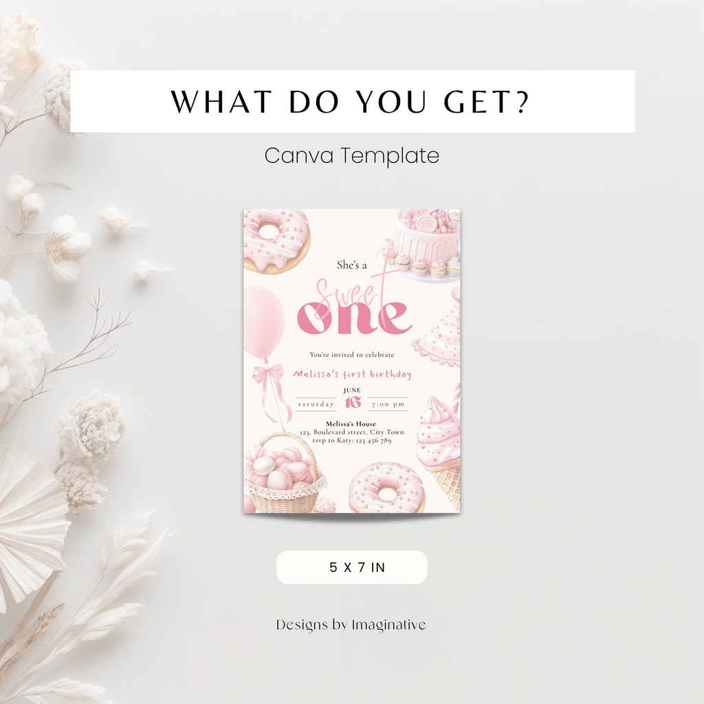 Pink She's a Sweet One Birthday Invitation Girls