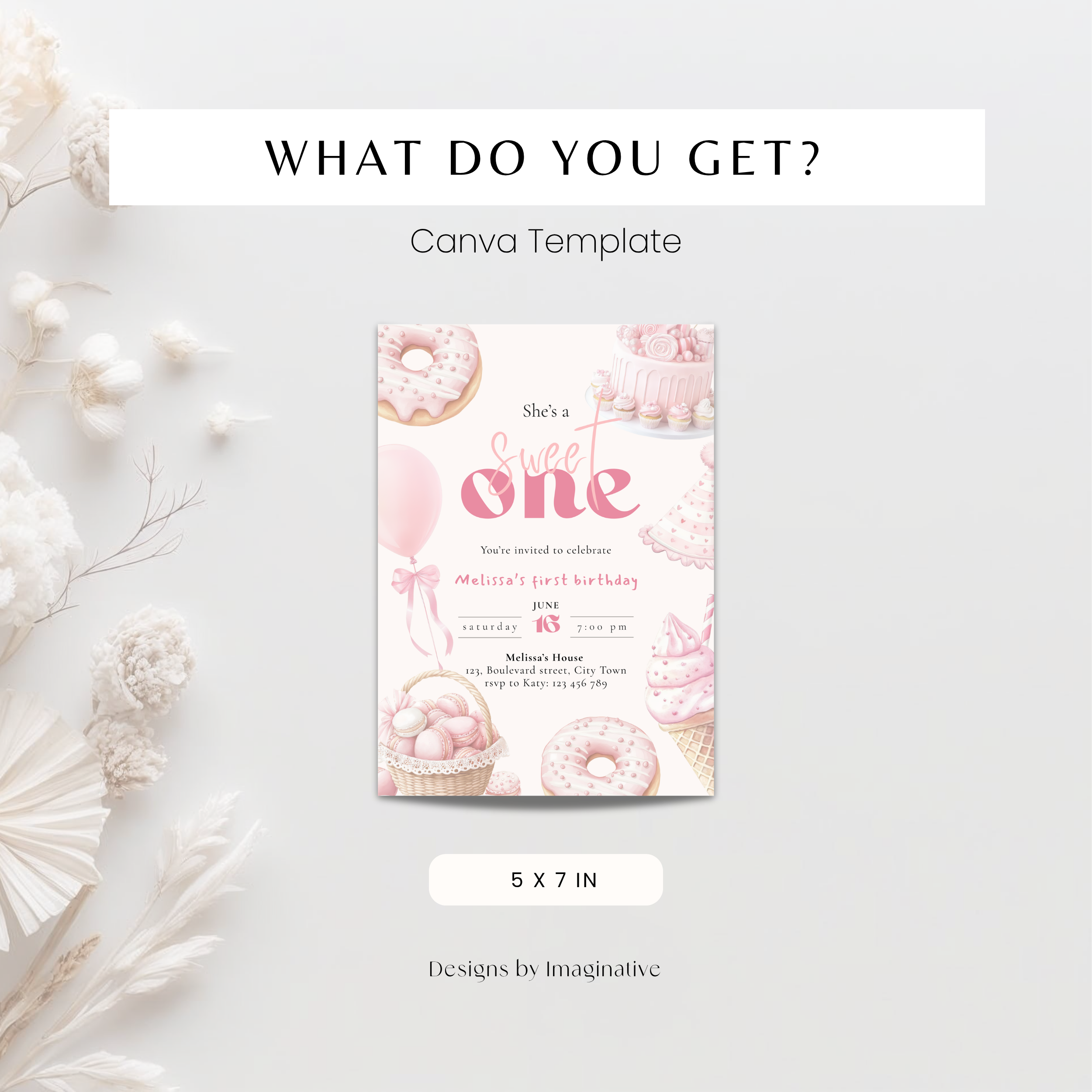 Pink She's a Sweet One Birthday Invitation Girls