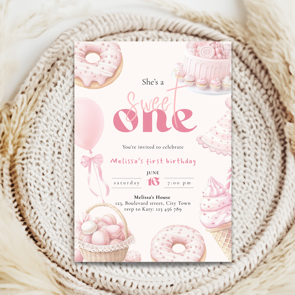 Pink She's a Sweet One Birthday Invitation Girls