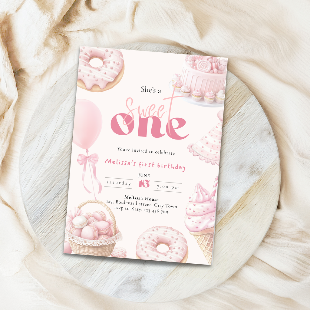 Pink She's a Sweet One Birthday Invitation Girls