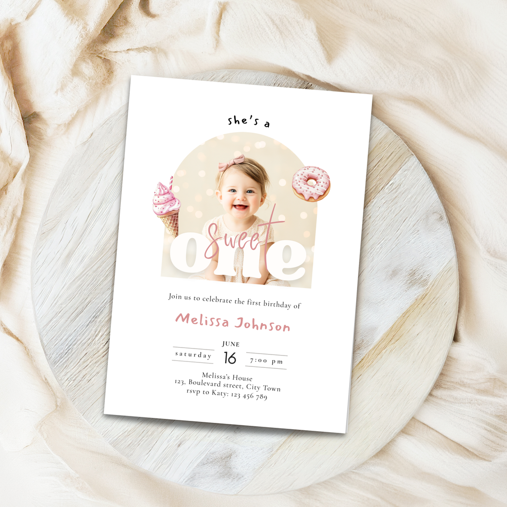 Girls Sweet One Birthday Invitation Photo
