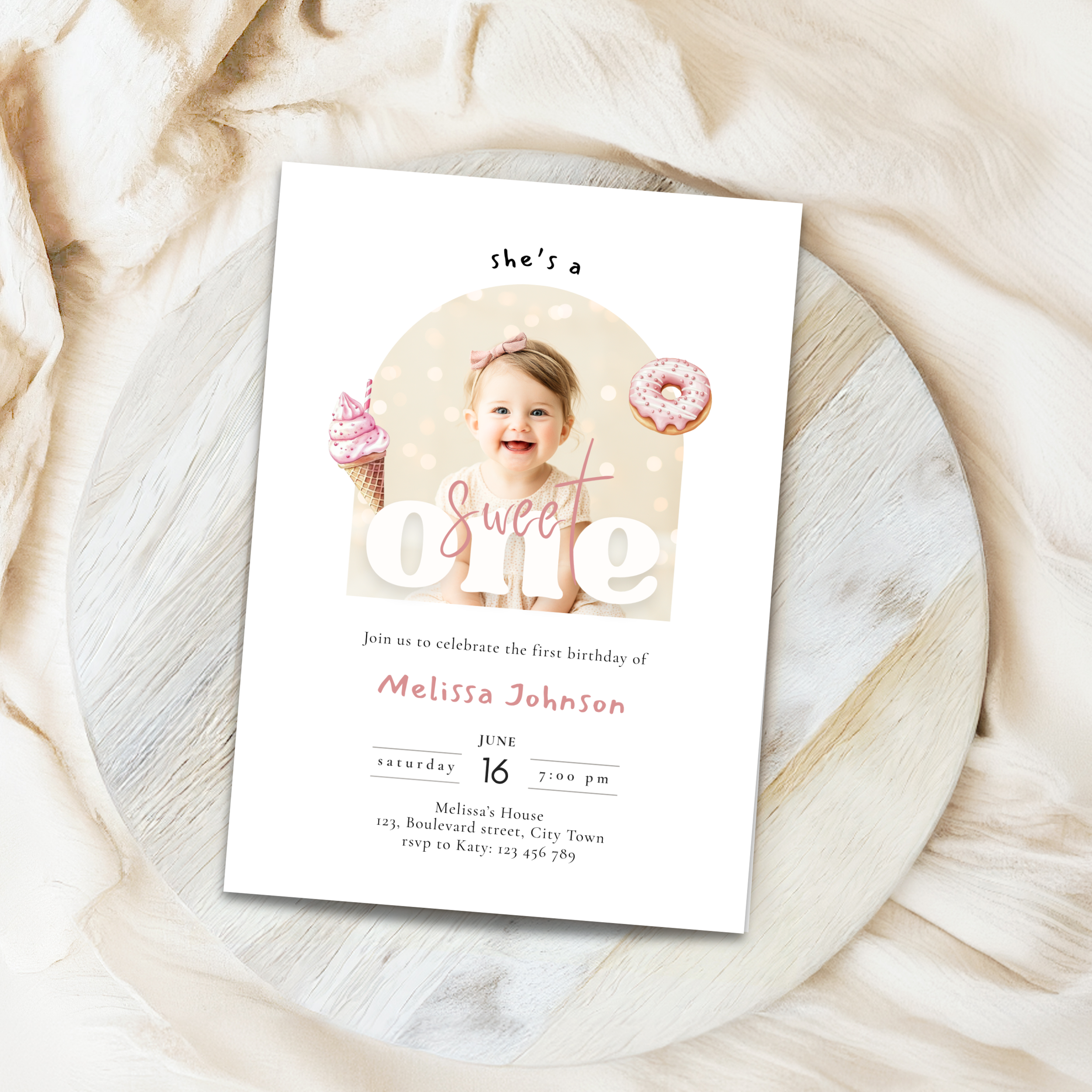 Girls Sweet One Birthday Invitation Photo