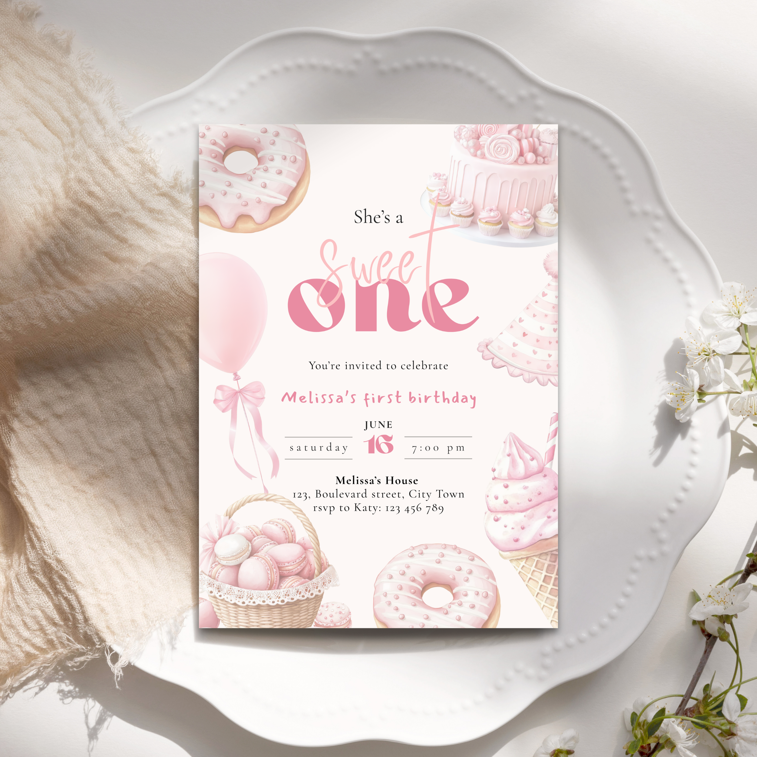 Pink She's a Sweet One Birthday Invitation Girls