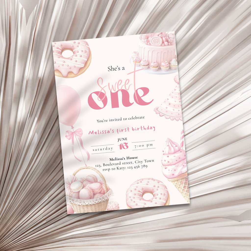Pink She's a Sweet One Birthday Invitation Girls