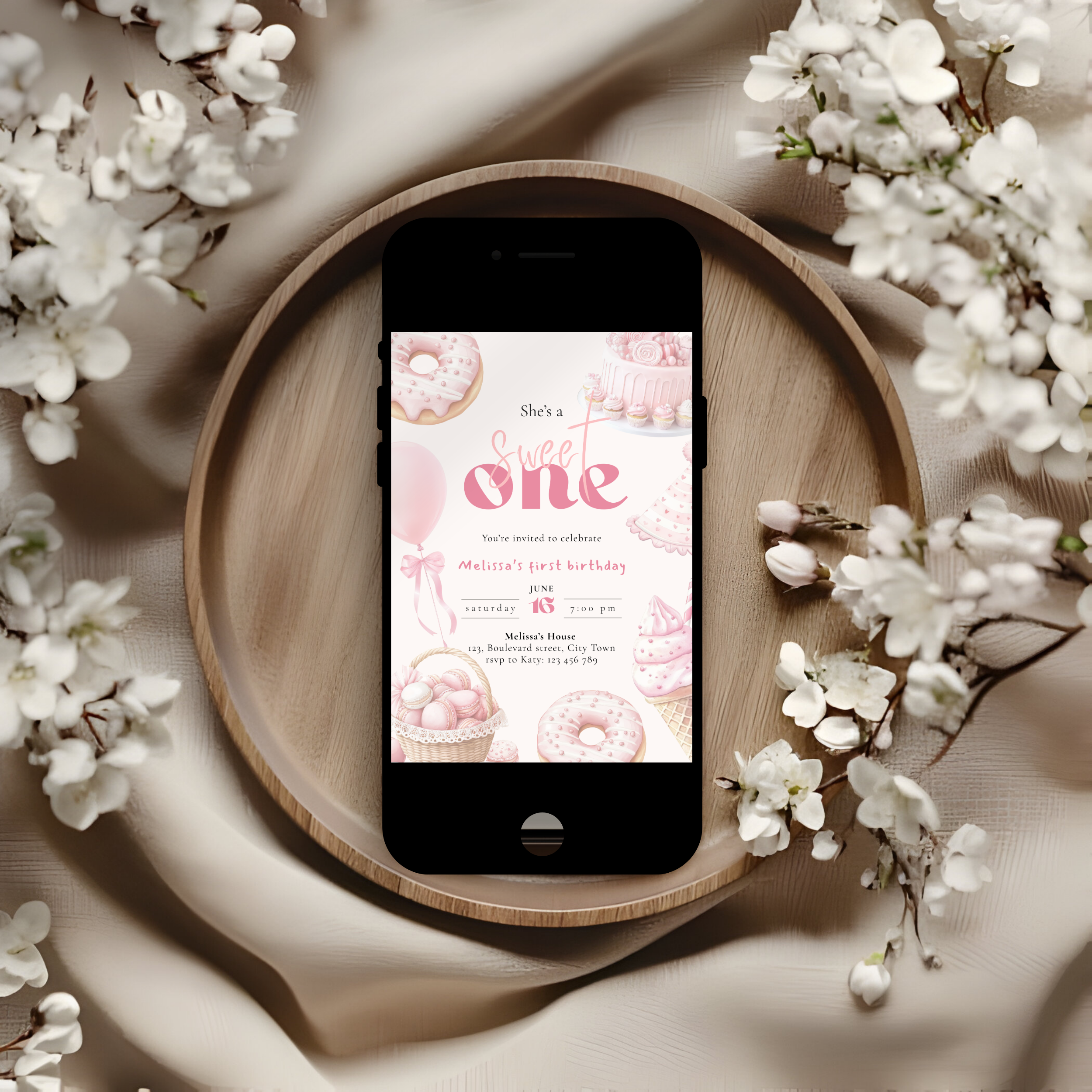 Pink She's a Sweet One Birthday Invitation Girls