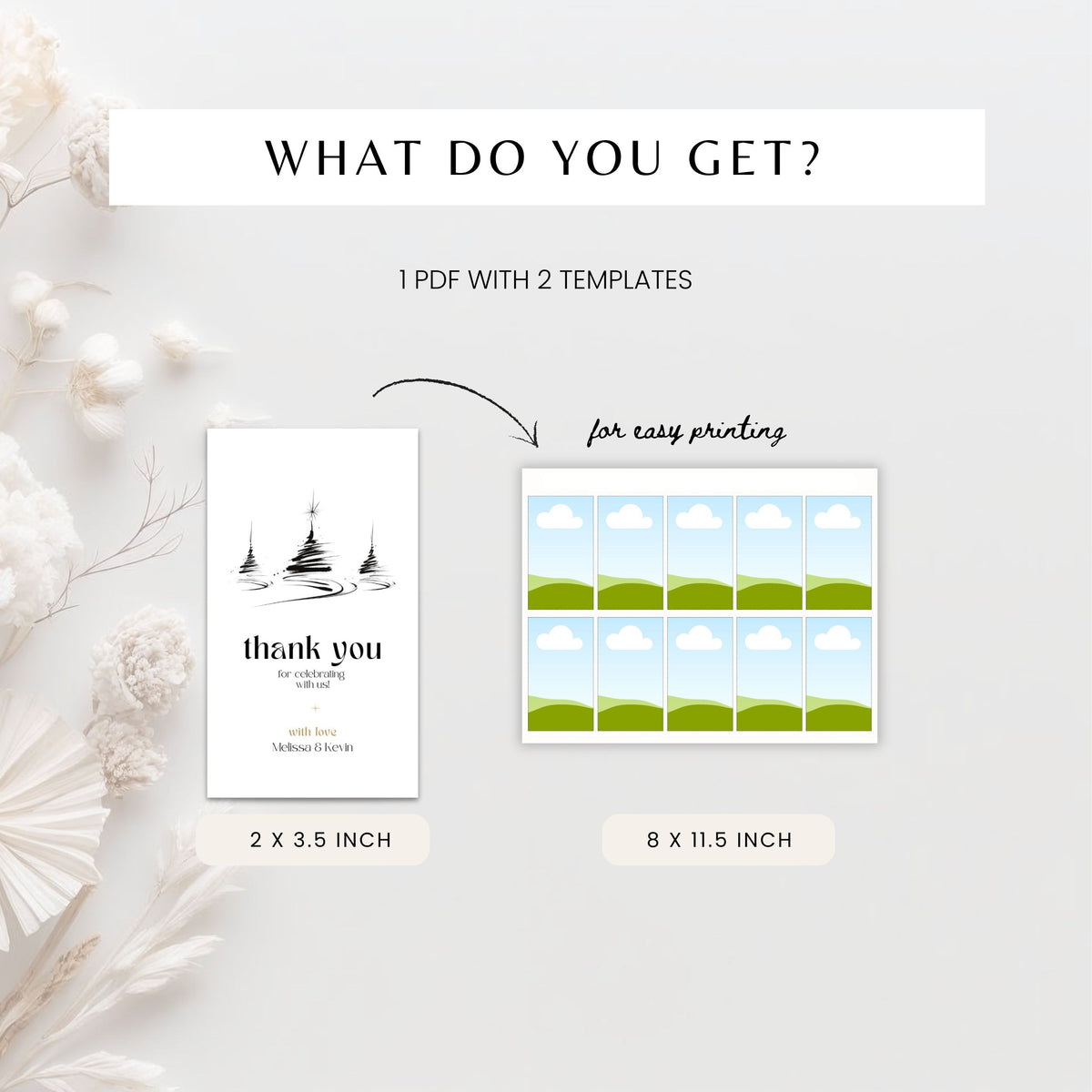 What you get: thank you tag template in 2 x 3.5 inch and a printable 8.5 x 11 inch sheet, editable in Canva