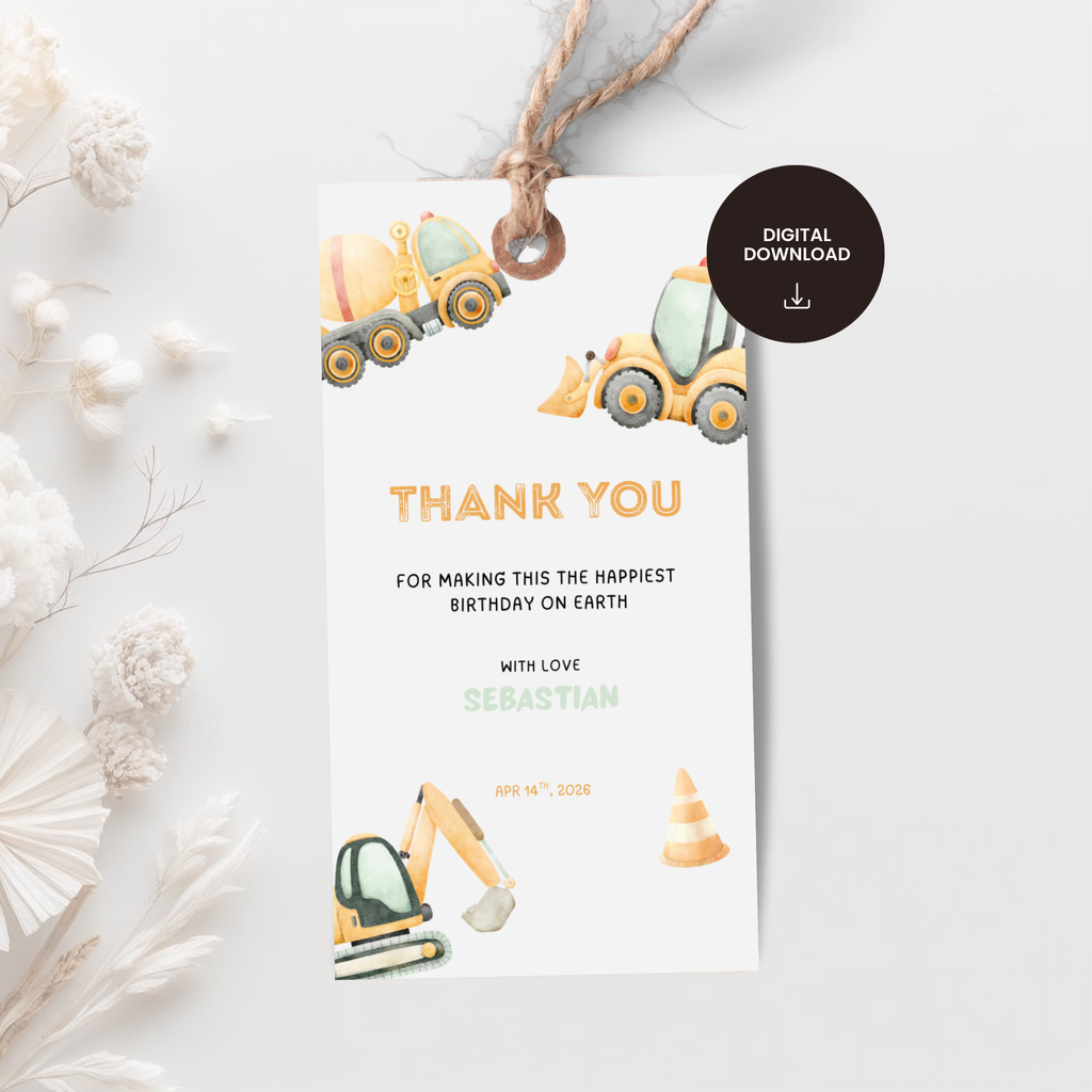 Construction Thank You Birthday Gift Tag
