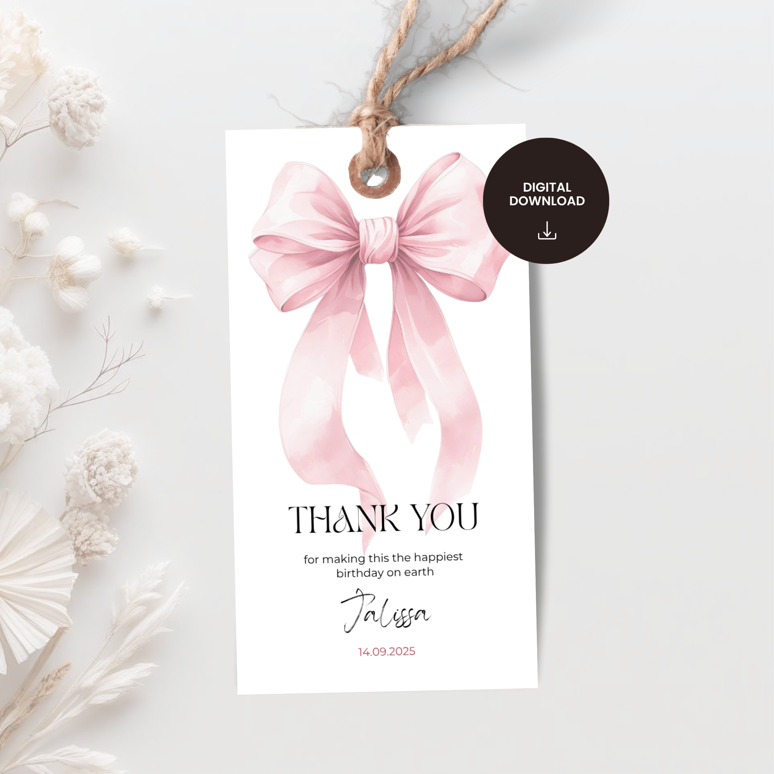 Pink Bow Thank You Gift Tag Girls