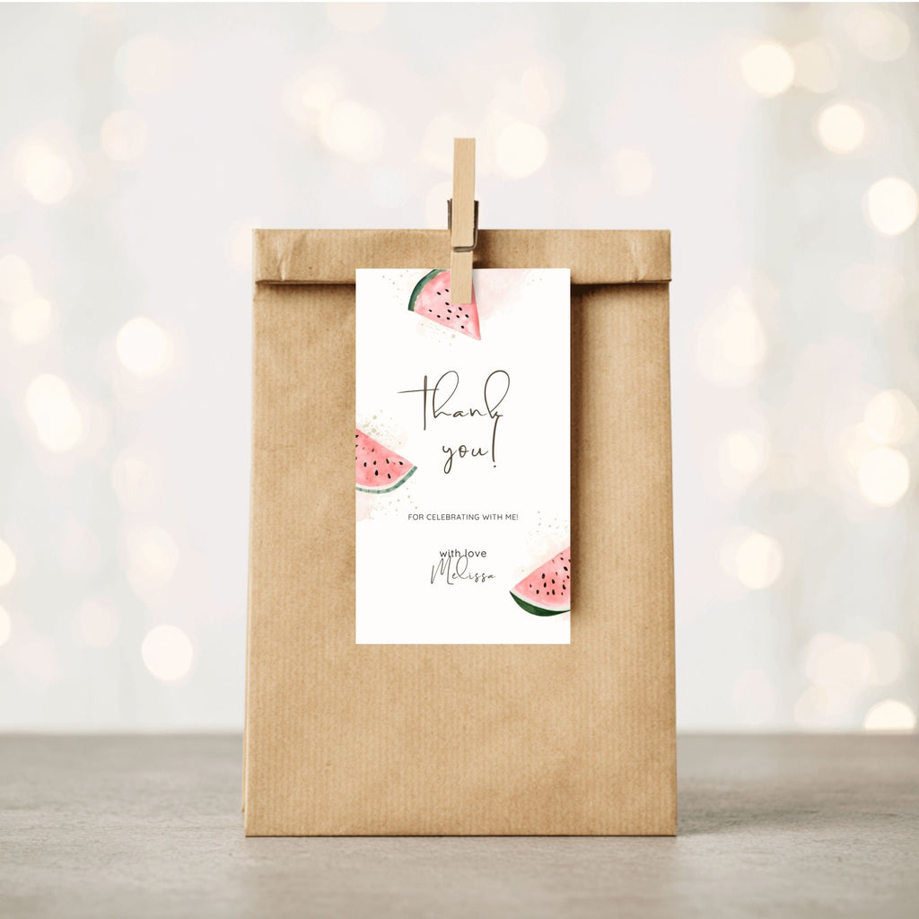 Close-up of watermelon slice design on birthday favor tag