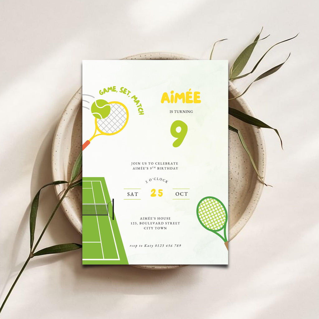 Tennis sports 9th birthday invitation card for a tennis-themed party on a white plate with green leaves.