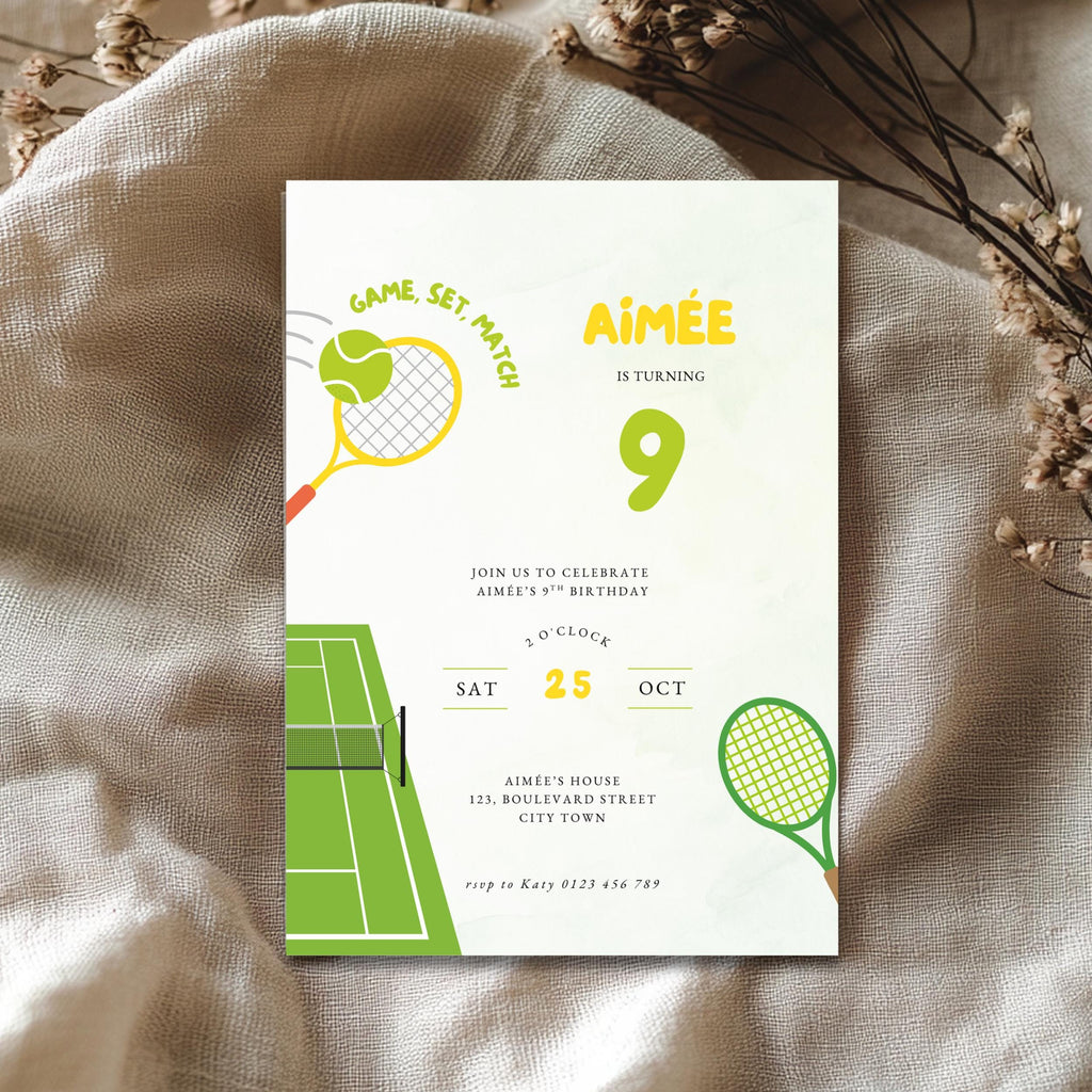 Invitation card for a 9th birthday party with tennis theme on a textured fabric background