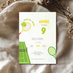 Invitation card for a 9th birthday party with tennis theme on a textured fabric background