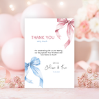 Pink Blue Bow Twins Birthday Thank You Card
