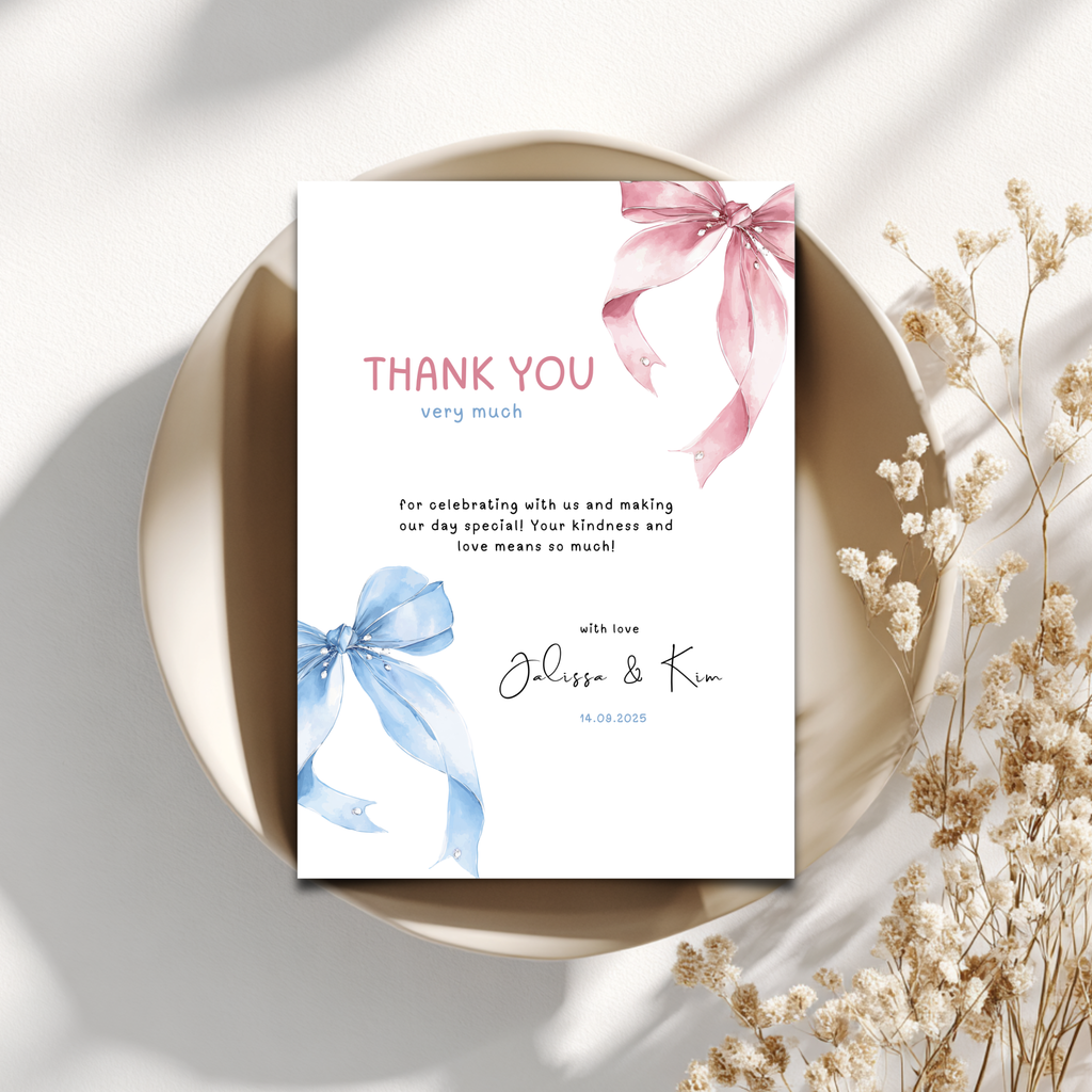 Pink Blue Bow Twins Birthday Thank You Card