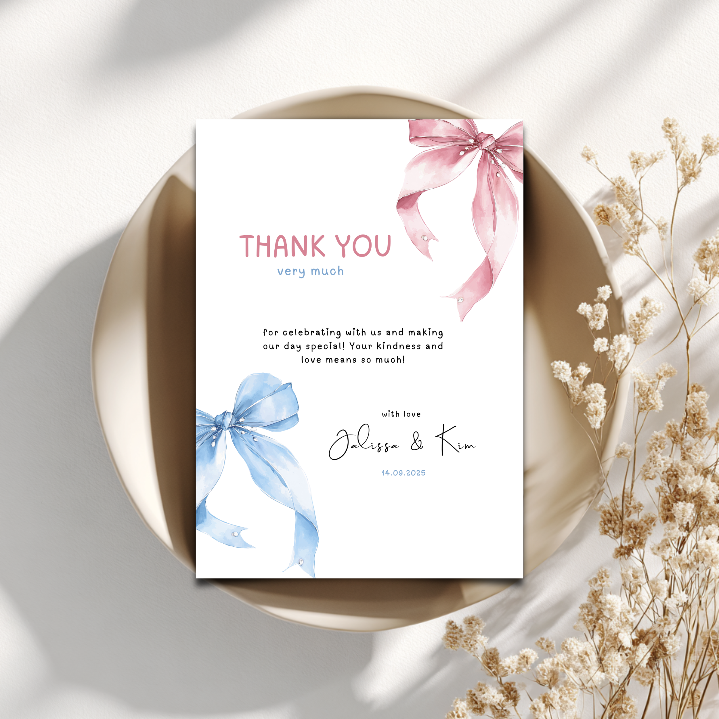 Pink Blue Bow Twins Birthday Thank You Card