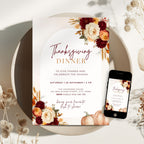 Thanksgiving dinner invitation template with burgundy and orange floral arrangements, pumpkins, wheat accents, elegant typography, and autumn-inspired details on a cream background.