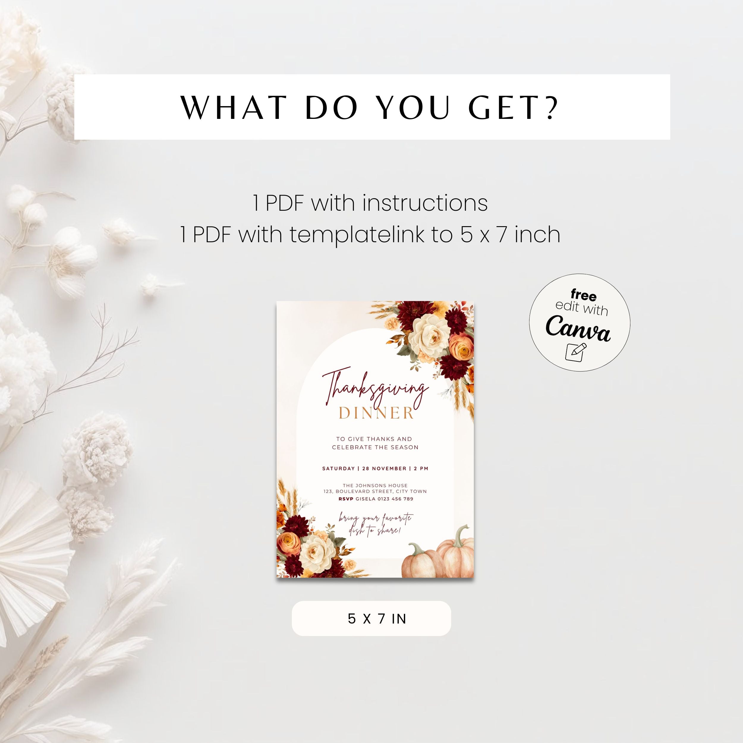Orange Floral Thanksgiving Dinner Invitation Template
