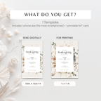 A digital template preview for a Thanksgiving invitation card set, showing one digital phone template and one printable 5x7 card on a light gray background with decorative dried flowers. Text explains what is included: 1 template, 1 phone size, and 1 printable 5x7 card.