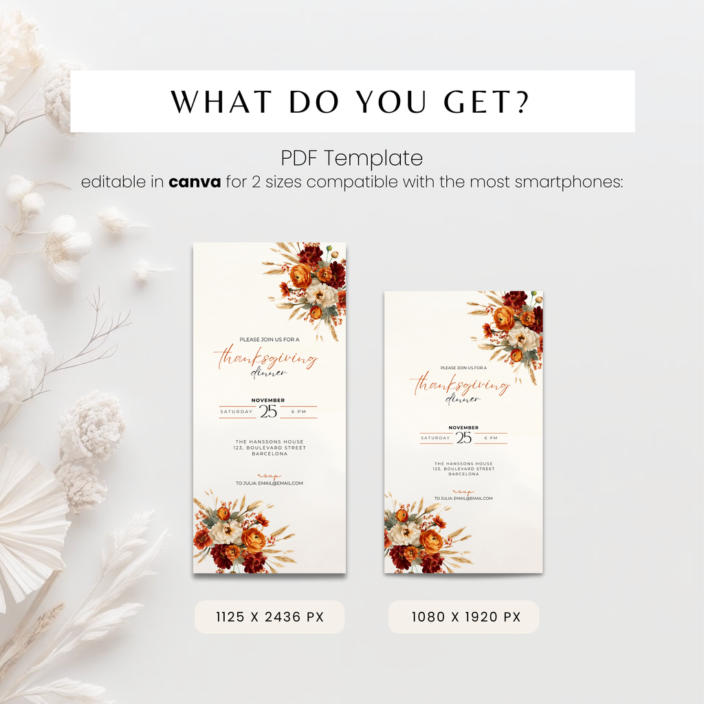 A promotional graphic for a Thanksgiving invitation PDF template, showing two vertical card designs with floral arrangements in rust, orange, cream, and burgundy on a light gray background. Text at the top reads 'WHAT DO YOU GET?' and 'PDF Template,' with size labels below the cards.