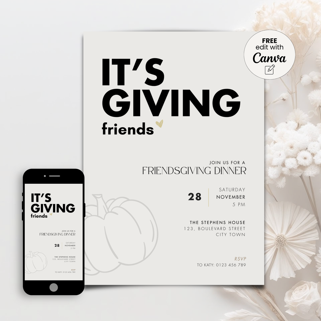 Bold typography Friendsgiving invitation template as a printed card and on a phone screen