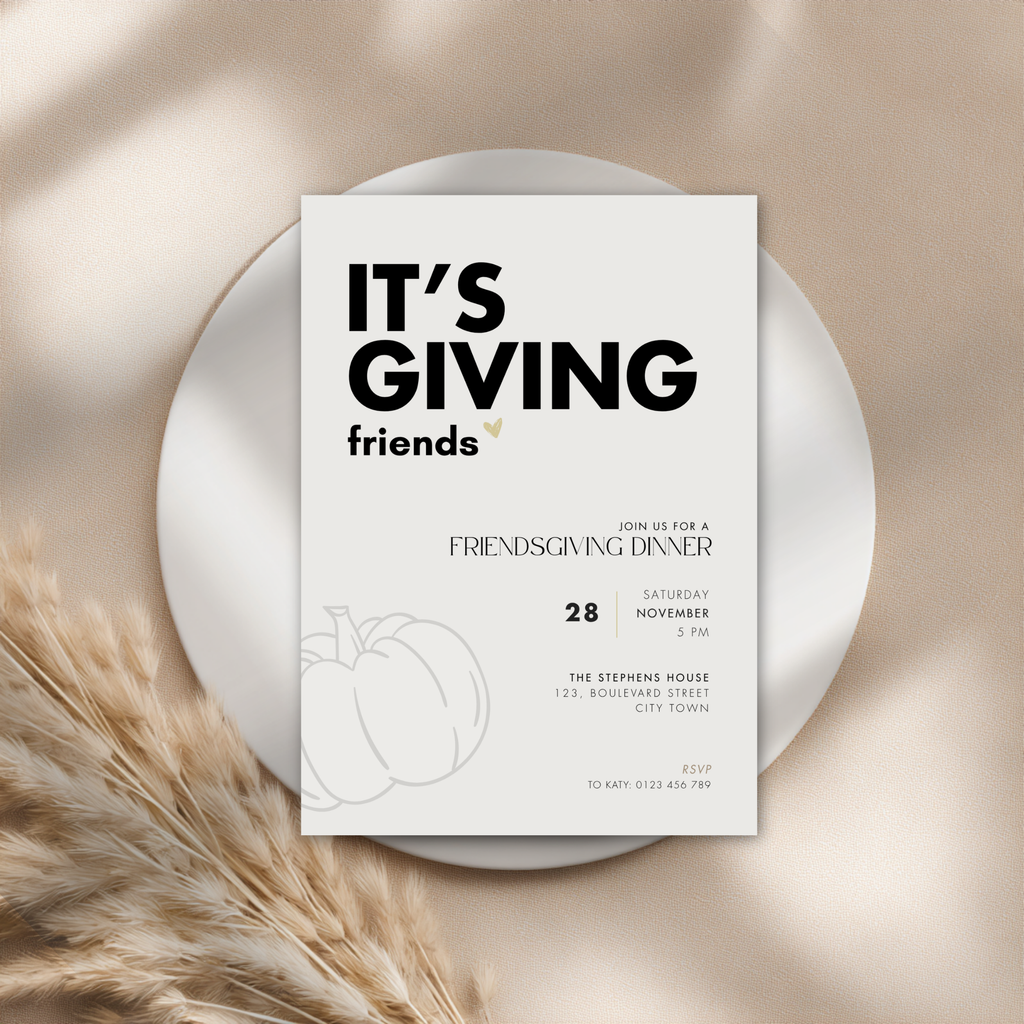 Square Friendsgiving invitation template with bold black text and a small pumpkin, on a round white plate