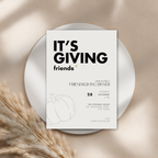 Square Friendsgiving invitation template with bold black text and a small pumpkin, on a round white plate