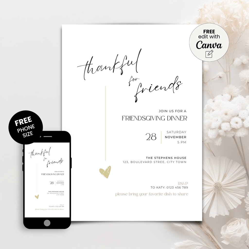 Minimal Friendsgiving invitation template on a smartphone screen next to the full-size card