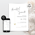 Minimal Friendsgiving invitation template on a smartphone screen next to the full-size card