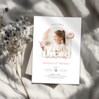 Three is so sweet birthday invitation card with a photo of a child and text on a light background